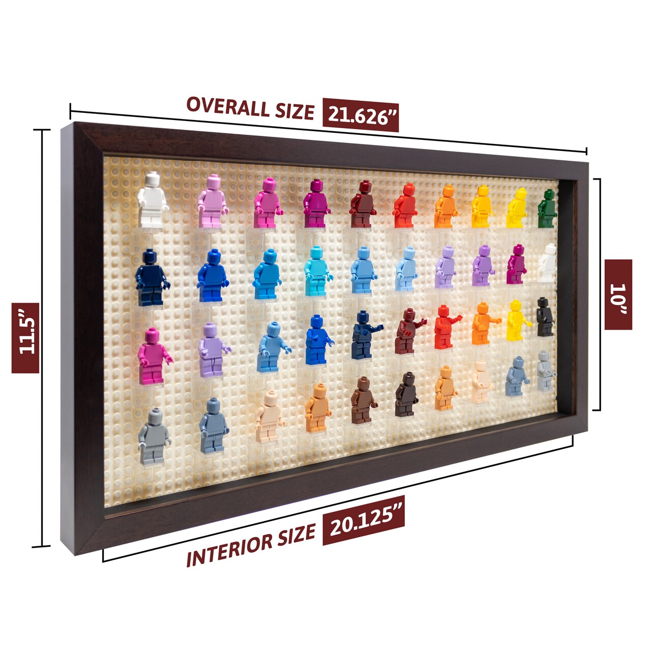 12x22 Wood Shadow Box Display Case Frame for Block Figures | Holds up to 56 Figurines - Display Brackets Included | UV Acrylic and White Base